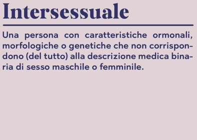Intersessuale Una persona con caratteristiche ormonali, morfologiche o genetiche che non corrispondono (del tutto) alla descrizione medica binaria di sesso maschile o femminile.