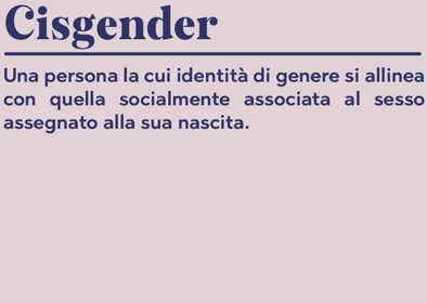 Cisgender Una persona la cui identità di genere si allinea con quella socialmente associata al sesso assegnato alla sua nascita.